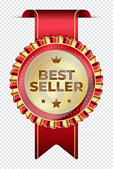 Best seller sticker label with gold medal and red ribbon. Best seller product label. Best seller golden label badge