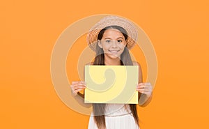 Best Service. happy girl in straw hat on yellow background. Accessories of romantic girl traveler. retro kid express