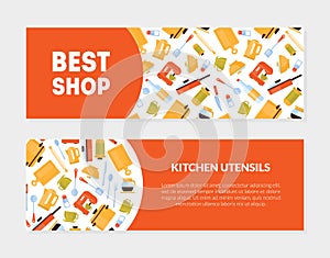 Best Shop, Kitchen Utensils Banner Templates Set with Cooking Tools Pattern Vector Illustration