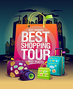 Best shopping tour vector poster, night shopping in big city concept, pink paper bag, suitcases and camera,