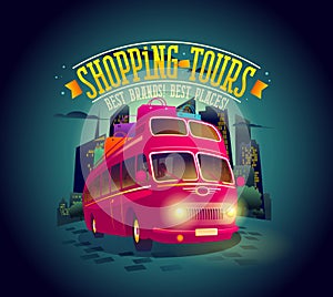 Best shopping tours poster with riding double-decker bus against night city background