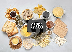 Best sources of carbs on light gray background