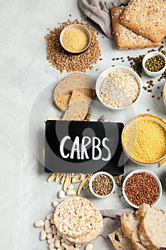 Best sources of carbs on light gray background