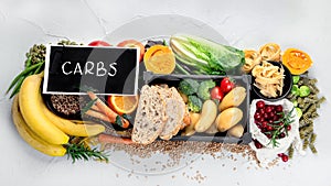 Best sources of carbs on light gray background. Healthy food concept