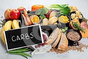 Best sources of carbs on light gray background. Healthy food concept