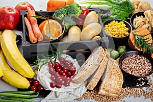 Best sources of carbs on light gray background. Healthy food concept photo