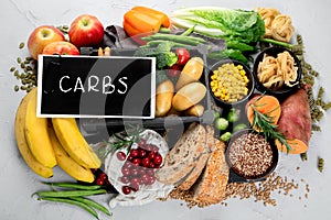 Best sources of carbs on light gray background. Healthy food concept