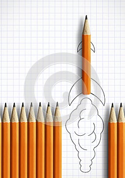 Best start up idea creative concept, pencil as drawn rocket