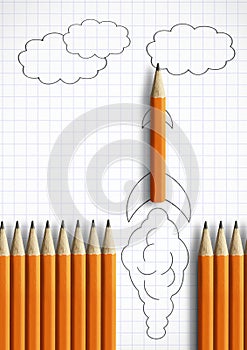 Best startup idea creative concept, pencil as drawn rocket