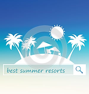 Best summer resort banner design. Tropical beach silhouette with palms and tents on blurred background.