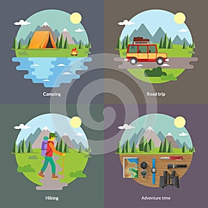Best trips and camping for unforgettable journey 4 flat square icons photo