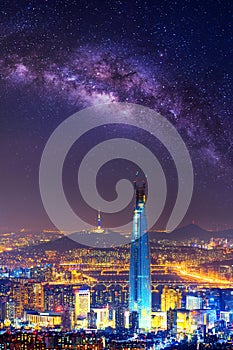 The best view of South Korea with Lotte world mall and Milky way at Namhansanseong Fortress. photo