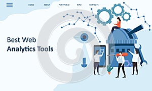 Best Web Analytics tools. Mockup landing page website design. Modern trend flat design concept of web page design for