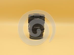 Best wide-angle lens Sony FE 20mm F1. 8 G black on yellow background. Opinion of the European Association photo