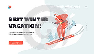 Best Winter Vacation Landing Page Template. Santa Skier Riding Downhills. Christmas Character in Red Tracksuit Skiing