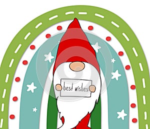 Best Wishes Christmas Gnome within a festive rainbow illustration