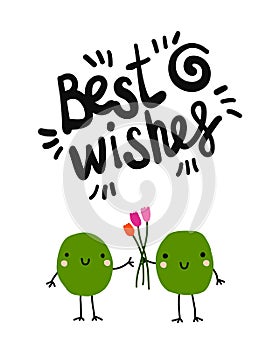 Best wishes lettering and illustration two frogs giving flowers bouquet kawaii style for posters cards prints kids books