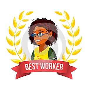 Best Worker Employee Vector. Afro American Woman. Award Of The Month. Gold Wreath. Victory Business Cartoon Illustration