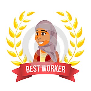 Best Worker Employee Vector. Arab Woman. Manager. Winning Trophy. Award Gold Wreath. Success Business Cartoon