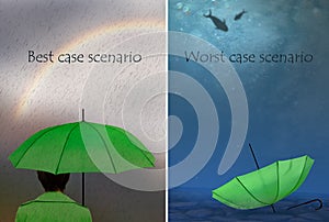 Best and worst case scenarios. Woman with umbrella,. Business, life concept.