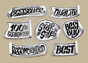 Bestseller, quality, star of sales, best buy, recommended, 100 percents guarantee - vector black and white stickers