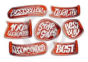 Bestseller, quality, star of sales, best buy, recommended, 100 percents guarantee - vector vintage red stickers
