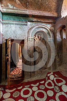 Bet-Mikael rock-hewn church, Interior of Orthodox monolith rock-cut church. Lalibela, Ethiopia