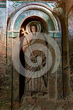 Bet-Mikael rock-hewn church, Interior of Orthodox monolith rock-cut church. Lalibela, Ethiopia