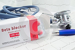 Beta blocker drug for treatment pathologies of heart and blood vessels. Packing of pills with inscription `Beta Blocker Medication