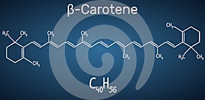 Beta Carotene, provitamin A, is an organic red-orange pigment in plants and fruits. Structural chemical formula and molecule model