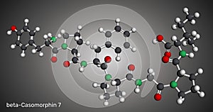Beta-casomorphin-7, BCM7 opioid peptide molecule. Molecular model. 3D rendering. Illustration