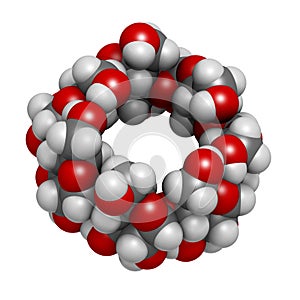 Beta-cyclodextrin molecule. Used in pharmaceuticals, food, deodorizing products, etc. Composed of glucose molecules