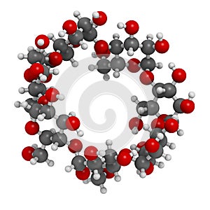 Beta-cyclodextrin molecule. Used in pharmaceuticals, food, deodorizing products, etc. Composed of glucose molecules