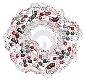 Beta-cyclodextrin molecule. Used in pharmaceuticals, food, deodorizing products, etc. Composed of glucose molecules