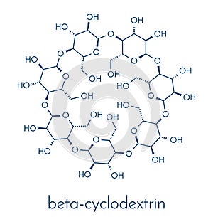 Beta-cyclodextrin molecule. Used in pharmaceuticals, food, deodorizing products, etc. Composed of glucose molecules. Skeletal.