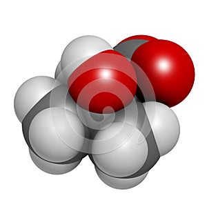 Beta-hydroxy beta-methylbutyric acid (HMB) leucine metabolite molecule. 3D rendering.  Used as supplement, may increase strength photo