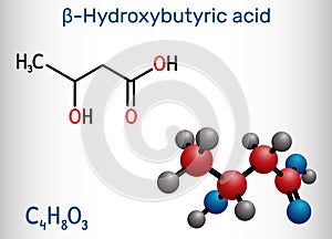 Beta-Hydroxybutyric acid, 3-hydroxybutyric acid molecule. It is beta hydroxy acid, is precursor to polyesters, biodegradable