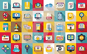 Beta version icons set flat vector. Build code bug