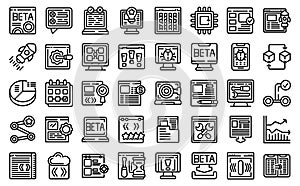 Beta version icons set outline vector. Build bug