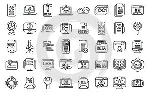 Beta version icons set outline vector. Build code bug