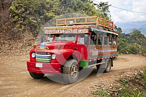 Betania, Antioquia - Colombia - August 24, 2023. Chiva or ladder truck, traditional transport of Colombian peoples