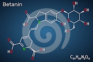 Betanin, molecule. It is betalain plant pigment, red glycosidic food dye, E162. Structural chemical formula on the dark blue