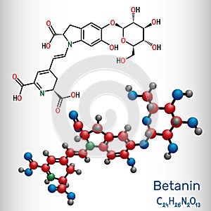 Betanin, molecule. It is betalain plant pigment, red glycosidic food dye, E162. Structural chemical formula and molecule model