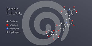 betanin molecule 3d rendering, flat molecular structure with chemical formula and atoms color coding photo