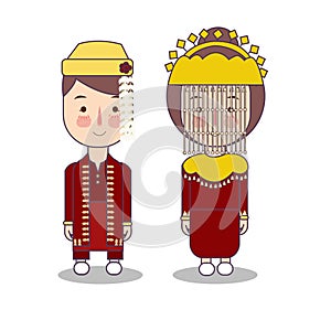 Betawi Jakarta couple traditional national clothes of Indonesia. Set of cartoon characters in traditional costume. Cute