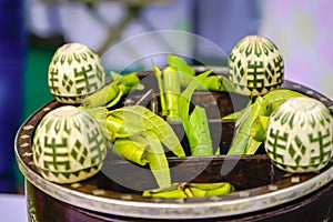 Betel leaf and the nuts or Areca Catechu (Trau Cau) necessary to make paan, a necessary and traditional intake at Tet holiday