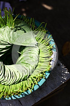 Betel leaves for chewing arranged in the market in