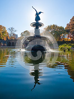 Bethesda Fountain against sun with angel statue reflecting in th