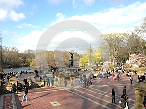 Bethesda Fountain with Angel of the Waters Statue on Bethesda Terrace in Central Park in Spring in Manhattan, New York, NY.