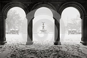 Bethesda Fountain in Central Park, Winter Snowstorm, New York City